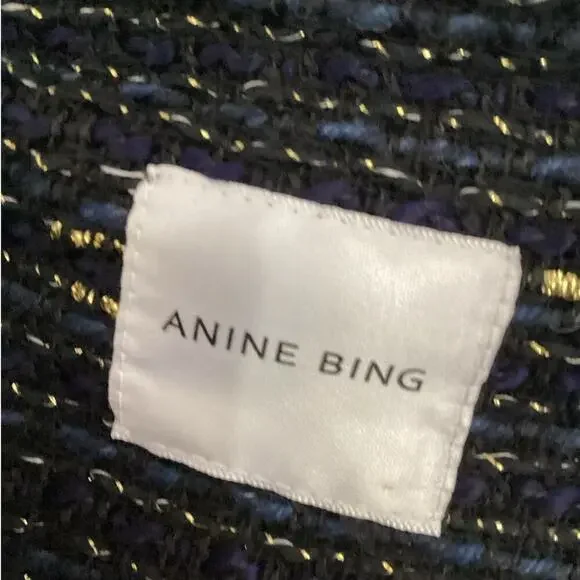Anine Bing Tweed Navy Blue Gold Fringed Raw Hemline Jacket Blazer Size Small